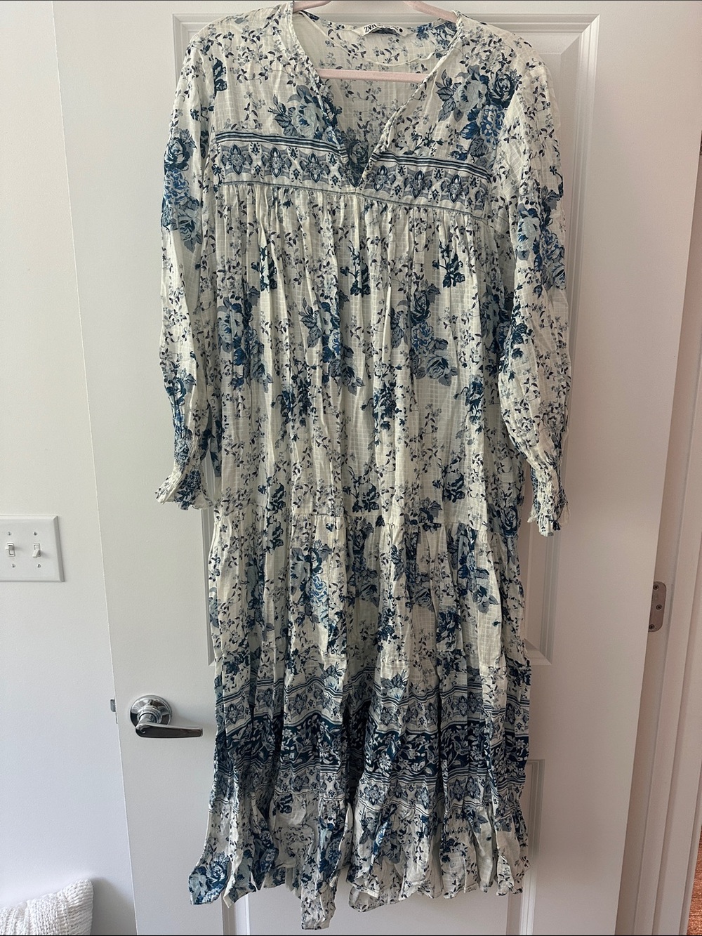 Zara Blue Floral Long Sleeve Tiered Midi Dress